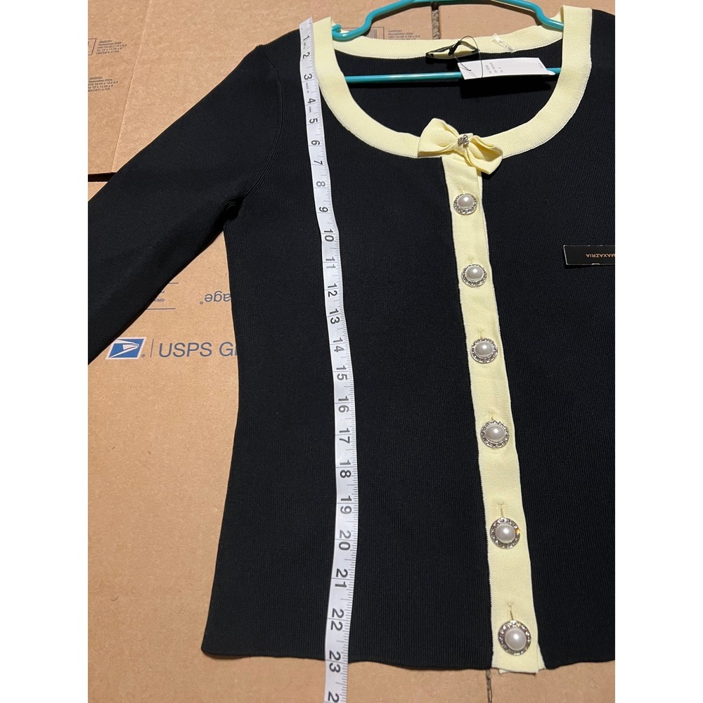 BCBGMAXAZRIA Black Yellow Contrast Trim Pearl Button Cardigan BC10503 Womens M - Picture 8 of 12